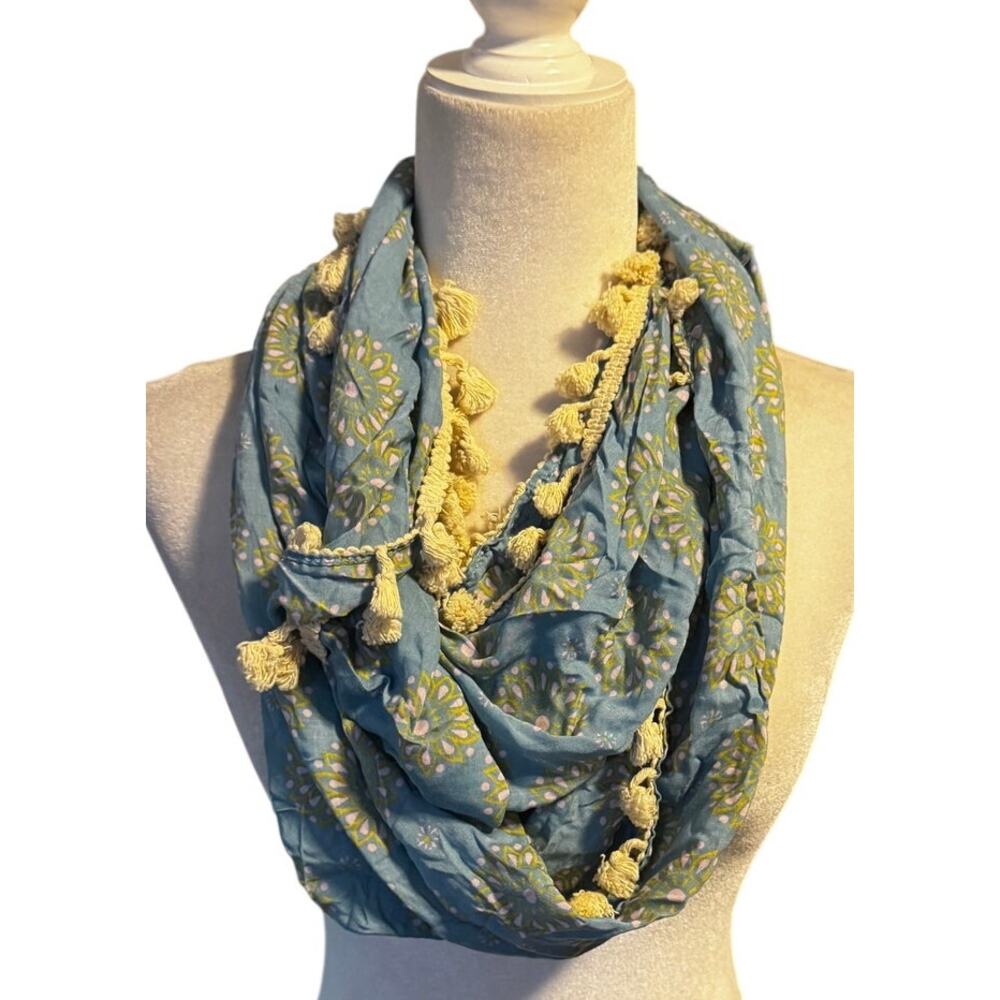 Natural Life Infinity Scarf Blue Floral Tassel Boho Rayon Loop Scarf